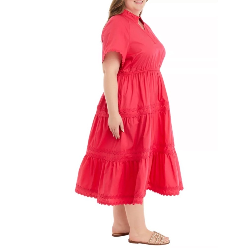 crown & ivy Plus Size Tiered Midi Short Sleeve Dress, Coral Vivid, Size 1X - Picture 3 of 16